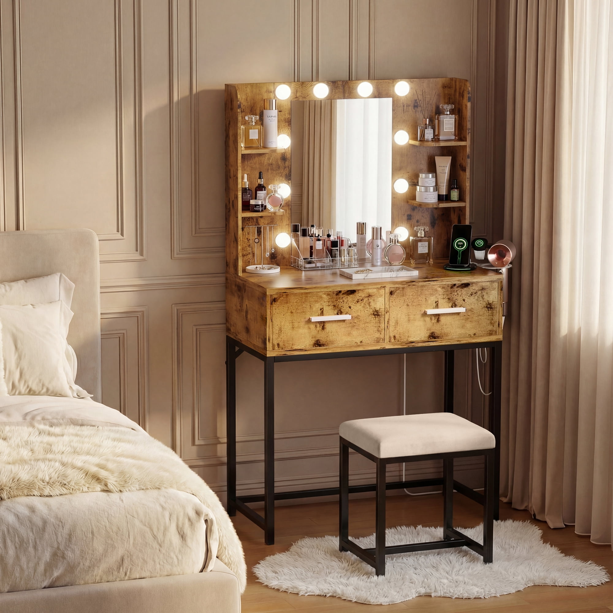 Homall Vanity Desk with Mirror, Power Outlet & LED Lights, Makeup Vanity Table with 2 Drawers & 4 Shelves, Dressing Table for Bedroom Dressing Room, Brown