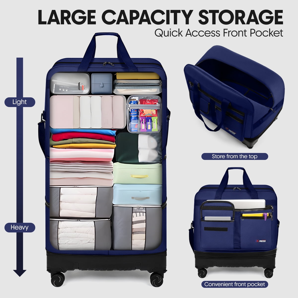 36" Expandable Foldable Suitcase Bag Large Collapsible Rolling Luggage Bag for Storage, Moving & Abroad Travel, Navy, JM