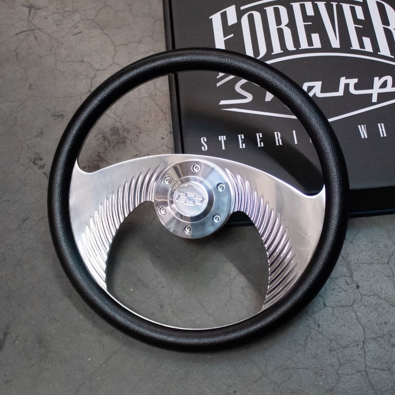14 Polished Steering Wheel Black Wrap, Billet Horn Button & Adapter 14 Polished Steering Wheel Black Wrap, Billet Horn Button & Adapter