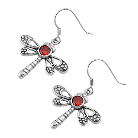 Detailed Insect Dangle Dragonfly Animal Simulated Garnet .925 Sterling Silver Earrings Jewelry Female