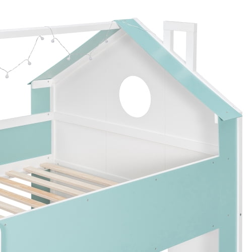 Full Size Bunk Bed with Storage Drawers & Shelves, Two-Tone White & Blue Wood, Integrated LED Light Strip