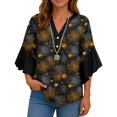 thumbnail image 4 of WTOBBY Women's Halloween Printed V-Neck 3/4 Sleeve Casual Shirt Loose Fit Blouse Tunic Top with Asymmetrical Hem for Fall Holiday Party,Gold S, 4 of 5