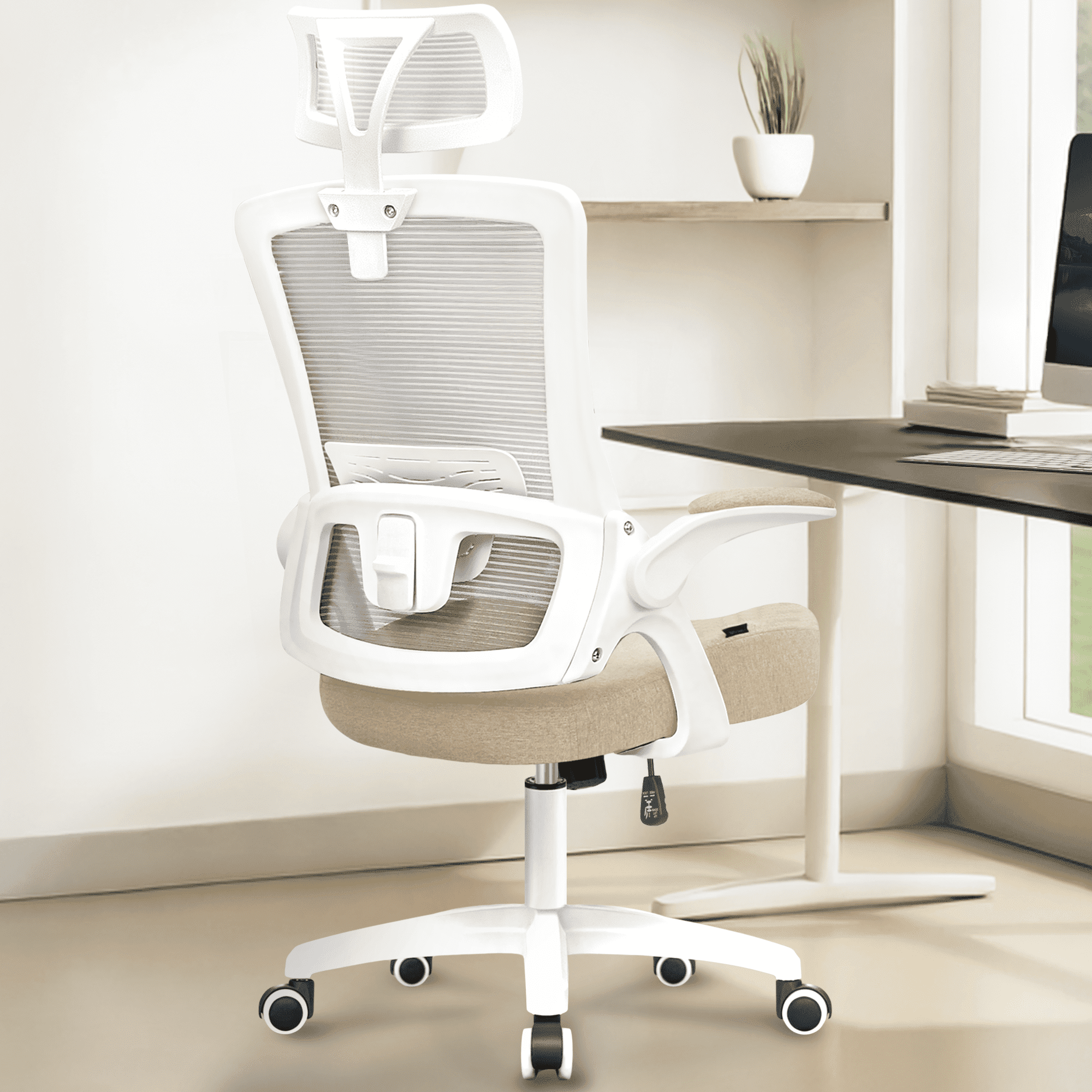 CELTOSS Ergonomic Office Chair, High Back Flip-Up Armrests Design, Adjustable Mesh Headrest and Lumbar Support, Beige