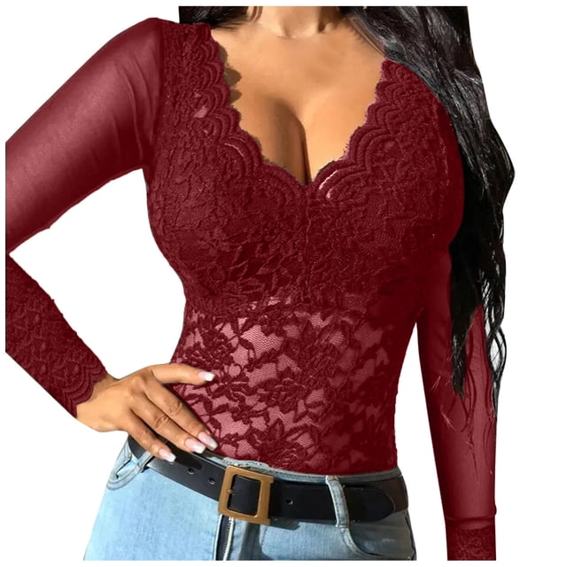 Gibobby Lencería de encaje Día de San Valentín Camisa de mujer Camisa de encaje sexy Ver a través de Casual Slim Fit Tops Bordado Malla transparente Encaje Manga larga To(Rojo, CH)