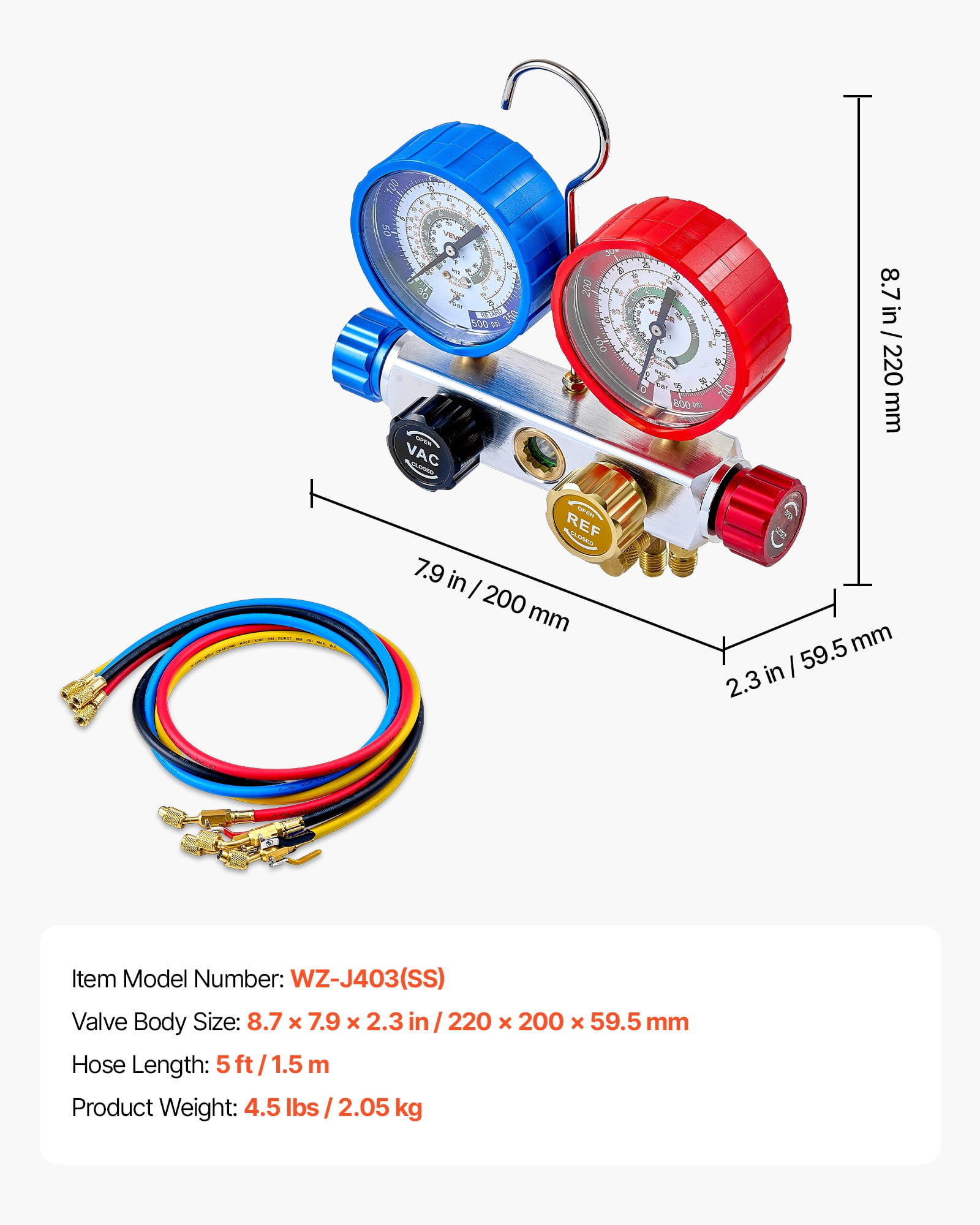 VEVOR AC Manifold Gauge Set for R22 R404A R410A R12 Refrigerants, 4 Way AC Gauges with 5 ft Hoses for Automotive & Household Air Conditioning Maintenance, Evacuation Vacuuming Charging and Recovery