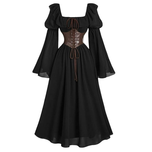 nerohusy Medieval Dresses for Women Bell Sleeve Square Neck Chiffon Fairy Dress Ruffle Flowy Croset Halloween Costume Outfits 2025 Black,S