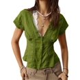 thumbnail image 3 of Women'S Lace Trim V Neck Blouse Short Sleeve Shirred Shirt Tops Summer Vacation Clothes Green L, 3 of 8
