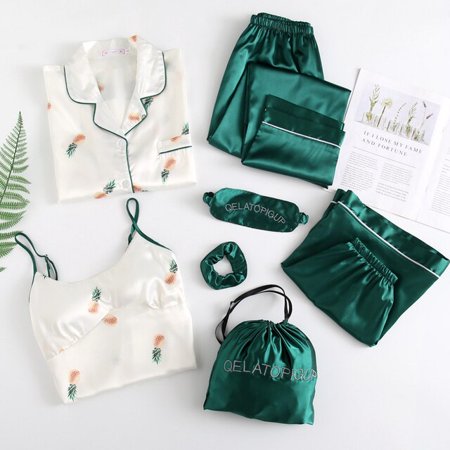 

DanceeMangoo Hot Summer Autumn 7 Pcs Set Silk Women Home Women Pajamas Print Short Long Sleeve Top Elastic Waist Pants Lounge Sleepwear Set