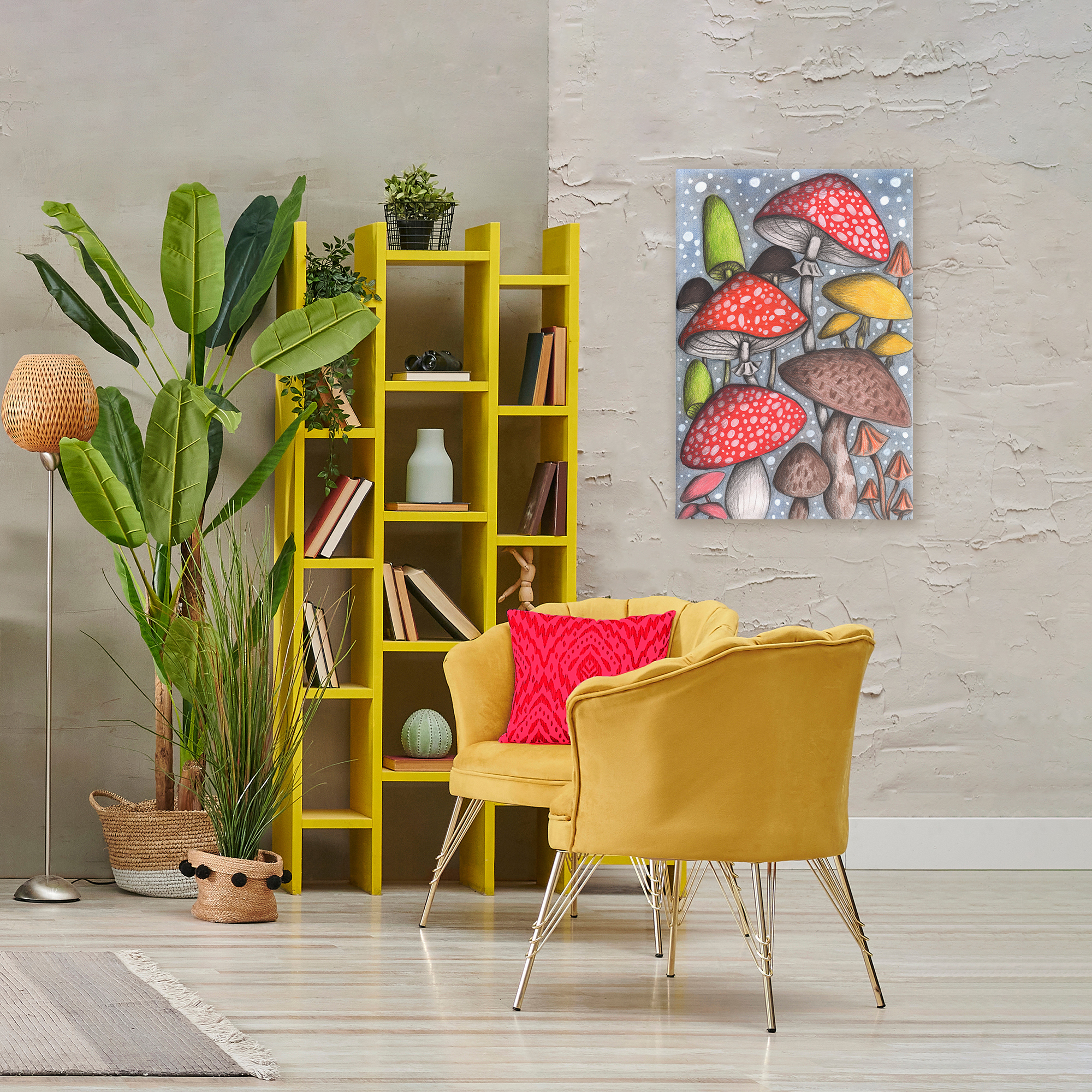 Sketched Magical Mushrooms Canvas Wall Art, design by Cecilia Battaini