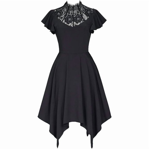 Women’s Black Gothic Dress with Lace Neckline Vintage Style Pirate Inspired Skater Dress