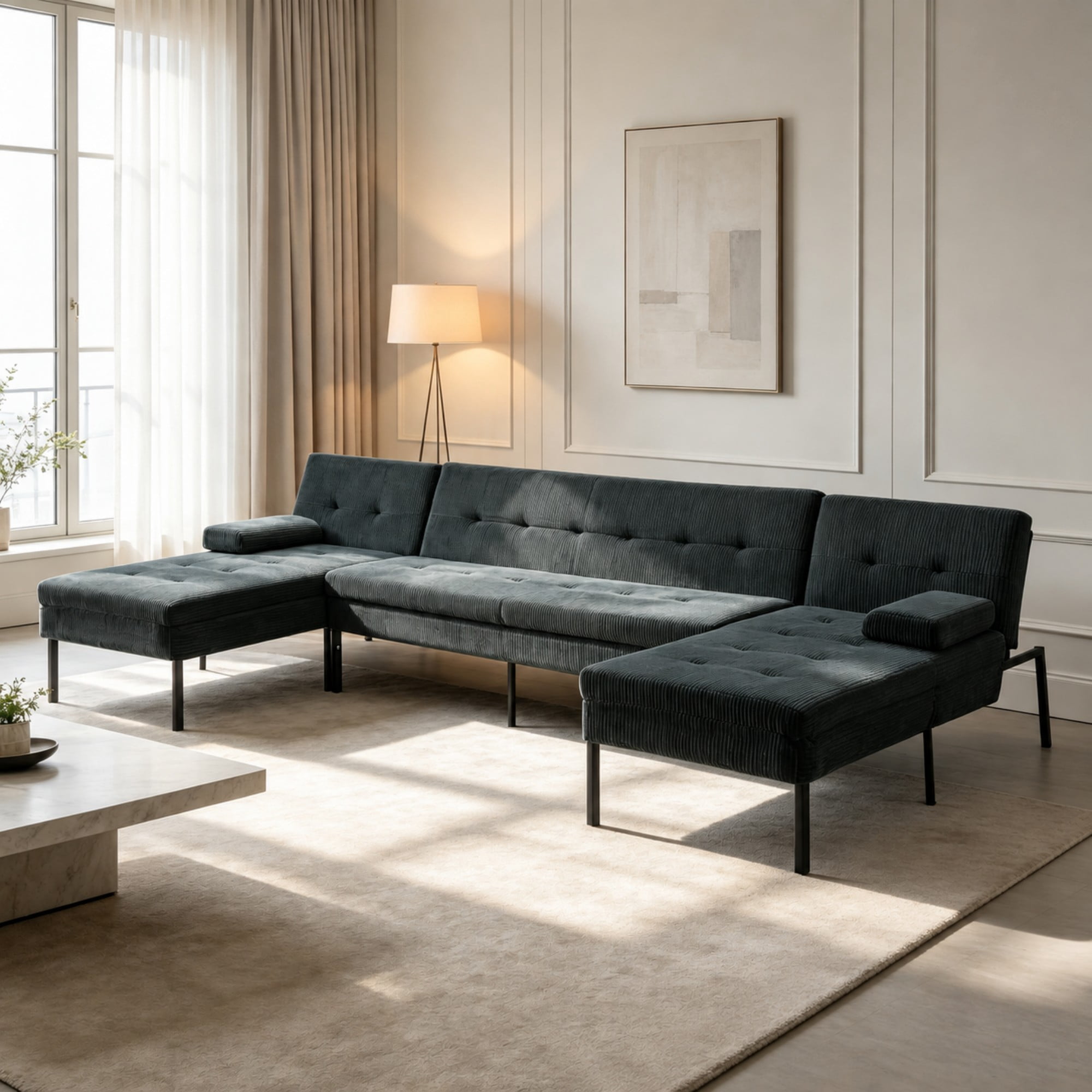 BSHTI 117.13" Soft Corduroy U-Shaped Sectional Sofa Bed with 5-Position Backrest, Comfy Couch for Living Room（Dark Gray）