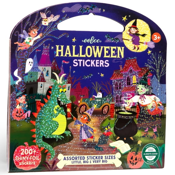 eeBoo: Halloween Shiny Foil Sticker Book – 200  Rainbow Foil Stickers in 3 Sizes, Carry Handle, Spooky Cute Holiday Designs, Kids Art & Craft Supplies