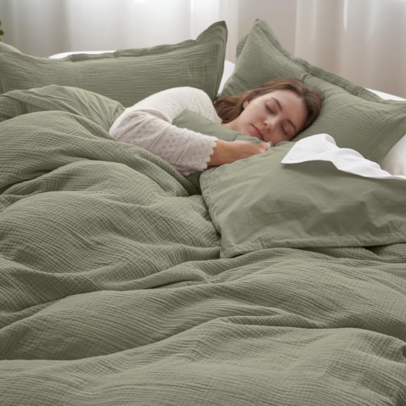 Dusty Sage (No Comforter) Queen Cotton Muslin Duvet Cover Set with Pillow Shams