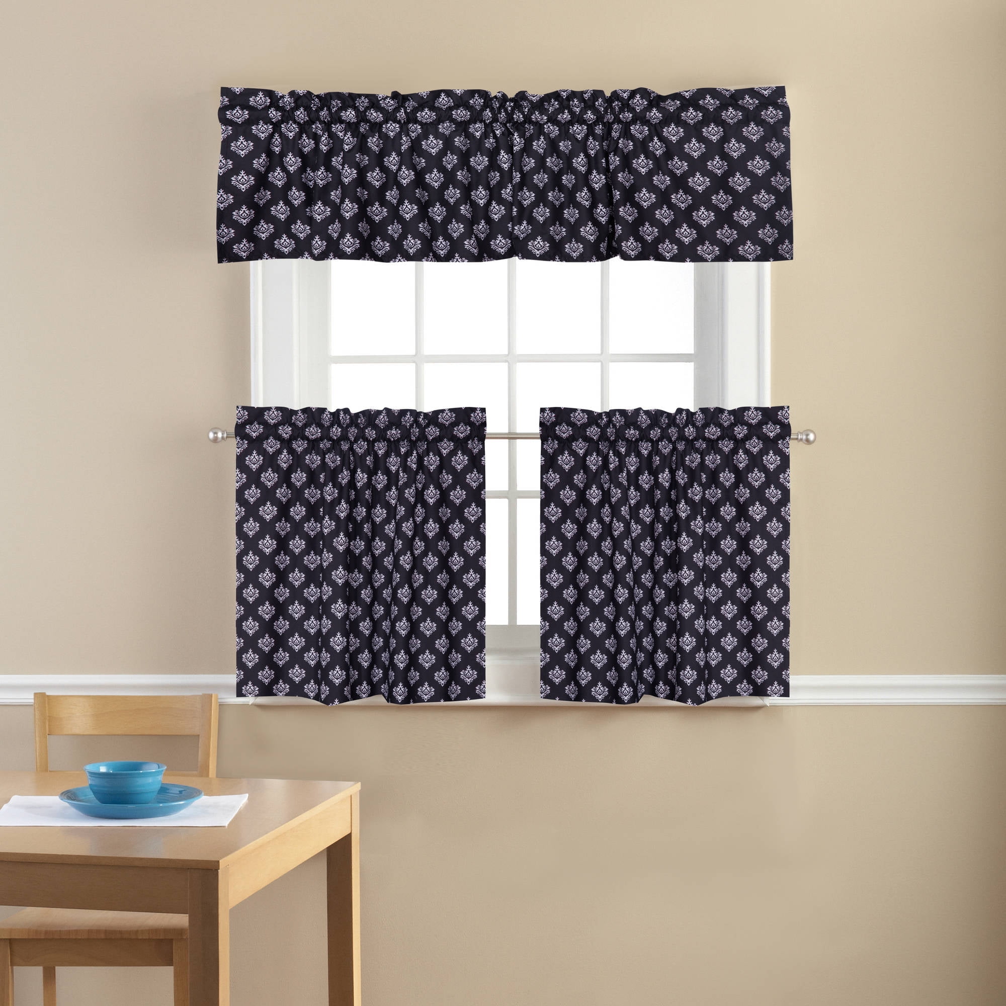 Mainstays Small Damask Classic Noir Light Filtering Rod Pocket Tier and