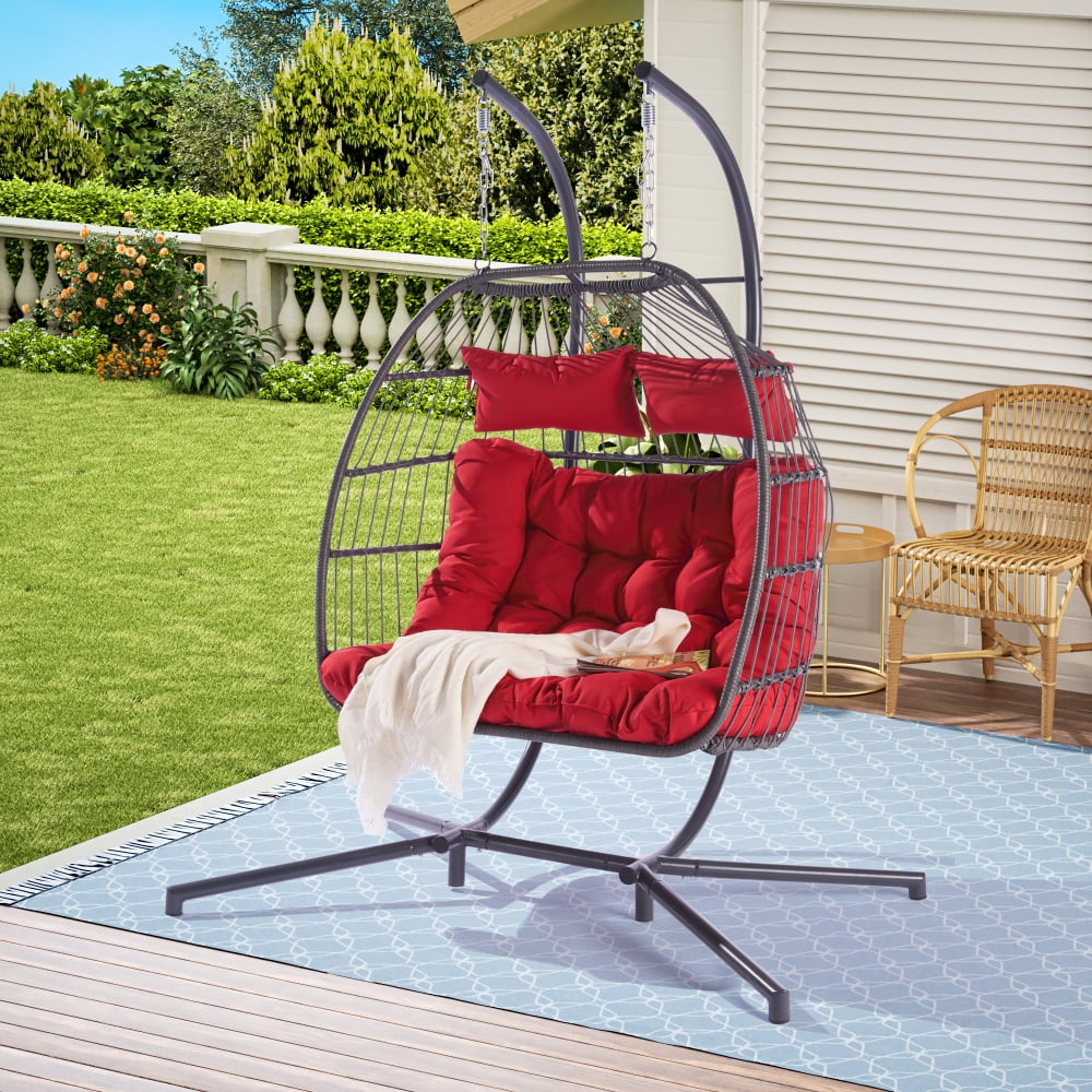 Double Swing Egg Chair with Stand, Large HandWoven Wicker Rattan