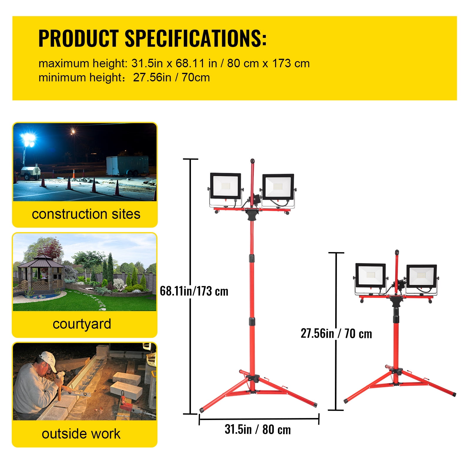 KFFKFF LED work light (with stand), 2PCS 10000 lumen double headed LED work light with 27.6"-68.1" adjustable folding tripod stand, IP65 waterproof LED tripod work light, 5000 K color temperature