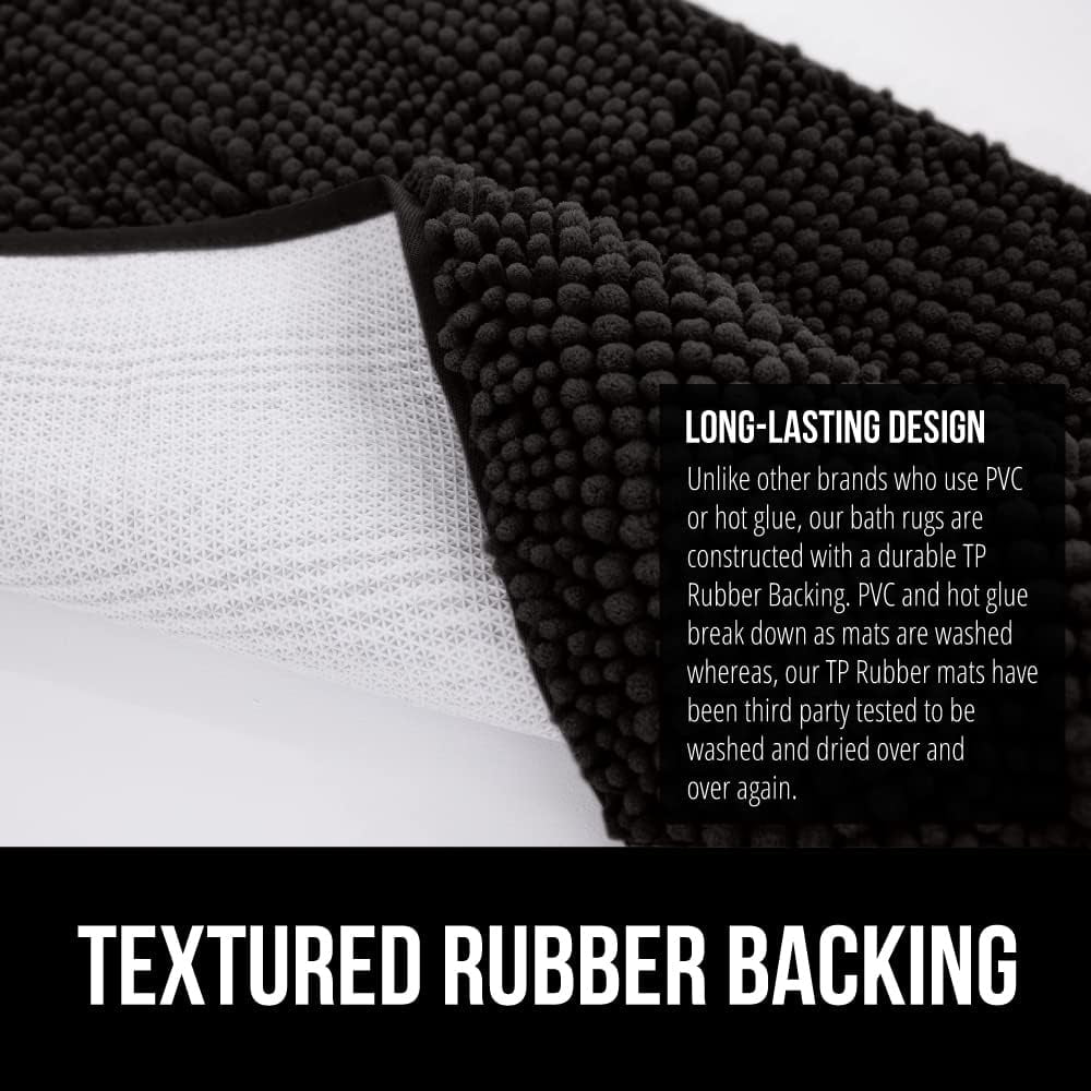 Bath Rug 30x20, Thick Soft Absorbent Chenille, Rubber Backing Quick Dry Microfiber Mats, Machine Washable Rugs for Shower Floor, Bathroom Runner Bathmat Accessories Decor, Black