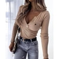 thumbnail image 1 of Camisetas de punto Harajuku para mujer, retales con cremallera, cuello en V profundo, jersey de manga larga de Color sólido, Tops ajustados de otoño, 1 of 5