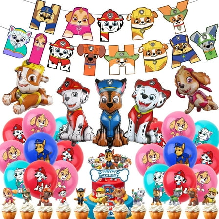 52PCS For Paw Theme For Patrol Birthday Party Decorations,With 1 Happy Birthday Banner Garland,20 Balloons, 13 Cupcake Toppers,6 Foil balloon for Party Supplies