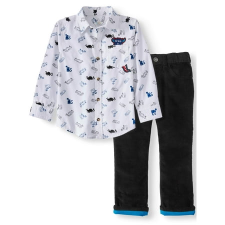 - 365 Kids From Garanimals Print Button Down Shirt & Corduroy Pants, 2pc Outfit Set (Little Boys & Big Boys)
