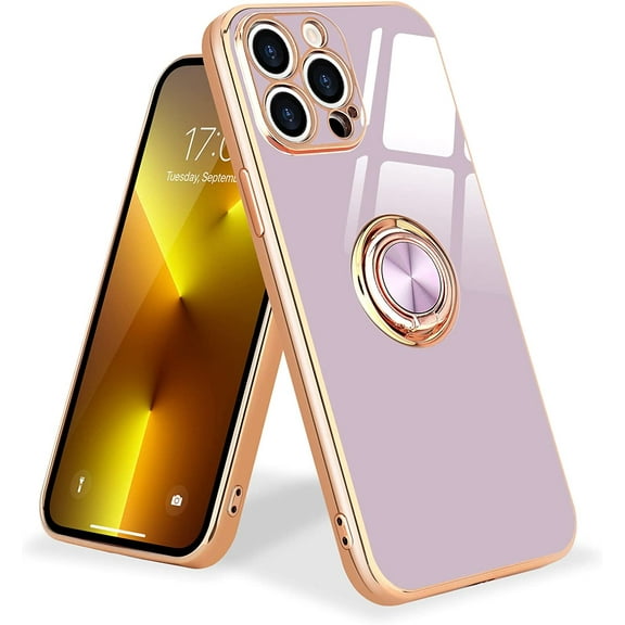 Compatible with iPhone 13 Pro Max Case, Finger Ring Holder Case Rose Gold Plating Design for Women Girls Rotating Holder Kickstand Magnetic Shockproof Soft TPU Bumper Cover Case, Light Purple