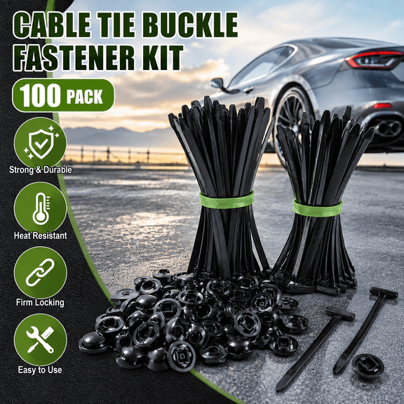 VBNDMAW 100 Pack Nylon Cable Tie Buckles, Heavy Duty Self-Locking Automotive Zip Tie Fasteners with Pin and Button for Daily Car Repair