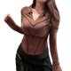 thumbnail image 3 of Primavera otoño mujer camiseta cuello vuelto ajustado manga larga cremallera arriba cuello en V Top para mujeres niñas, 3 of 8
