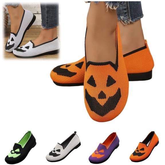 Halloween Womens Shoes Pumpkin Knitted Loafers Casual Shoes Non-Slip Outdoor Daily Flats Shoes
