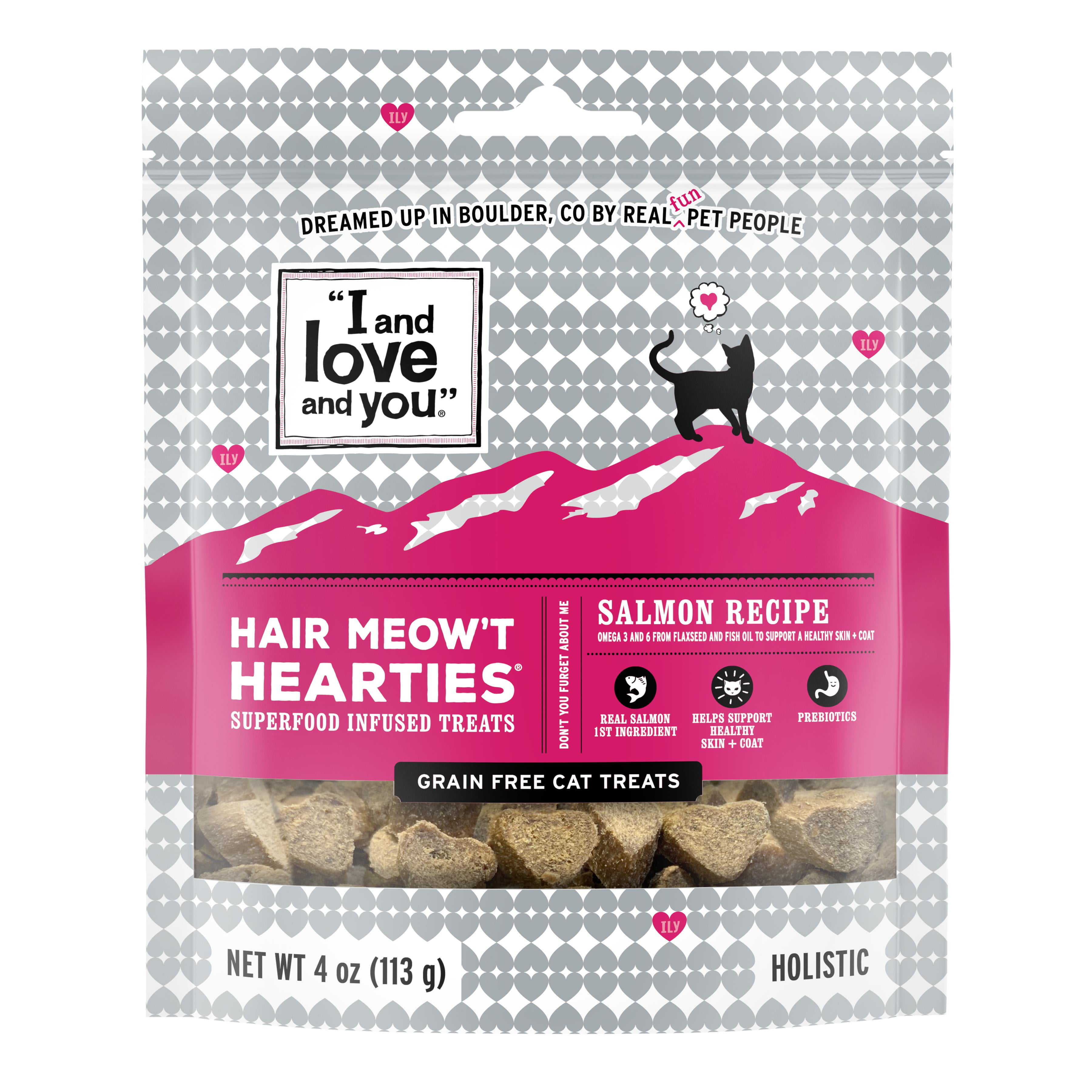 'I and love and you' Hair Meow't Hearties Cat Treats, Salmon Recipe, Superfoods for Healthy Skin and Coat, Soft Texture, Grain Free, Real Meat, 4oz Bag