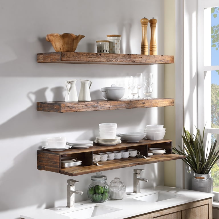 Northbeam Distressed Floating Shelf Set, Rustic Wood With Hidden Storage photo 1