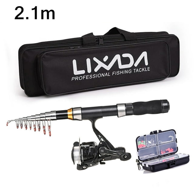 Lixada Fishing Rod Reel Combo Full Kit 2.1m/2. Telescopic Fishing Rod Spinning Reel Set with Hooks Soft Lures Barrel Swivels Storage Bag