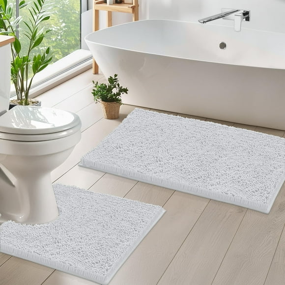 Juego de alfombras de baño Luxurux, alfombrilla de baño de chenilla, antideslizantes, color blanco