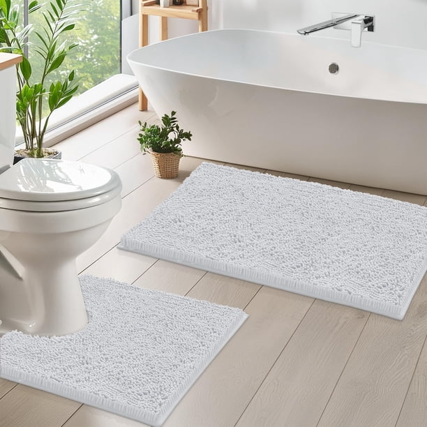 Juego de alfombras de baño Luxurux, alfombrilla de baño de chenilla, antideslizantes, color blanco