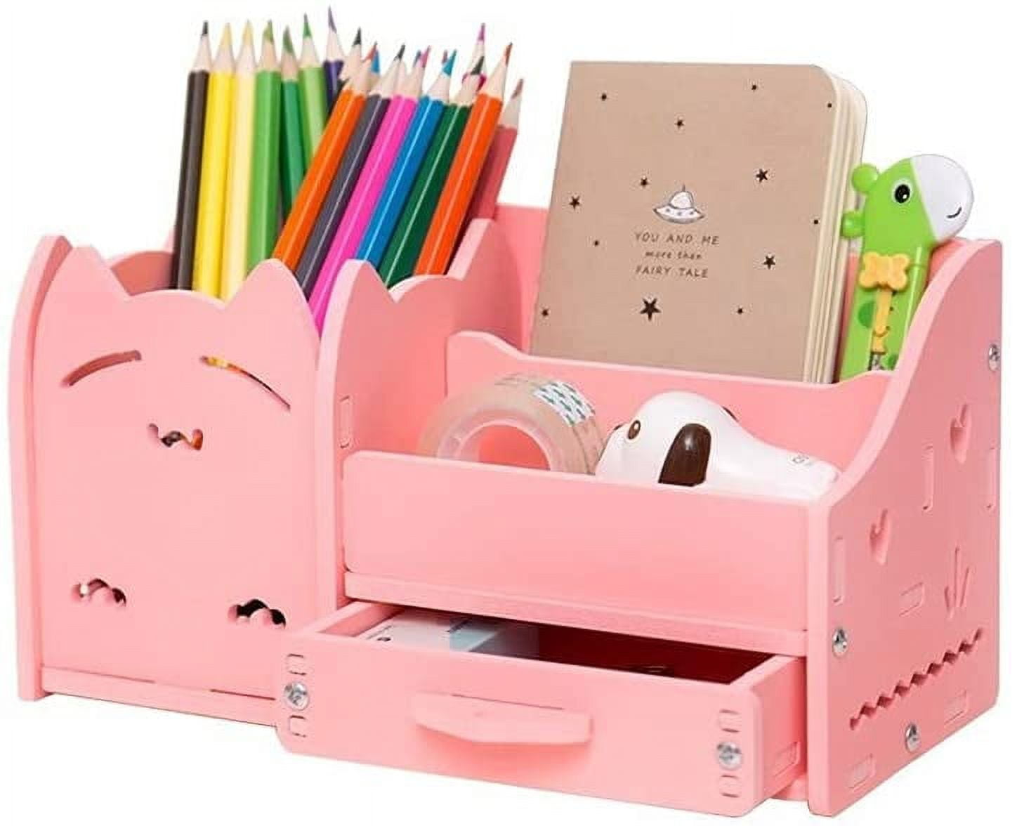 Pink Cat Desk Organizer, Cute Pink Desk Organizer, Stationery Organizer, Pink Pencil Holder, Multifunctional Pink Desk Organizer with Drawer for Office, Home, School