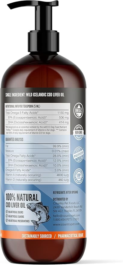 CountryPet Cod Liver Oil for Dogs & Cats, Wild-Caught, Omega-3 EPA & DHA, Vitamin A & D, 16 oz Pump Bottle