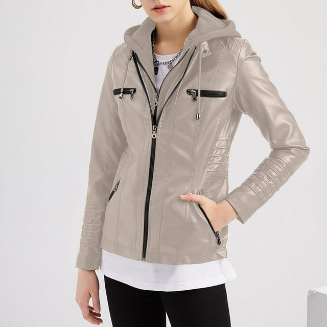LOVZFMLL Jackets for Women's Solid Color Long Sleeved Leather Jacket Zippered Jacket Pocket Women's Spring Short Jacket