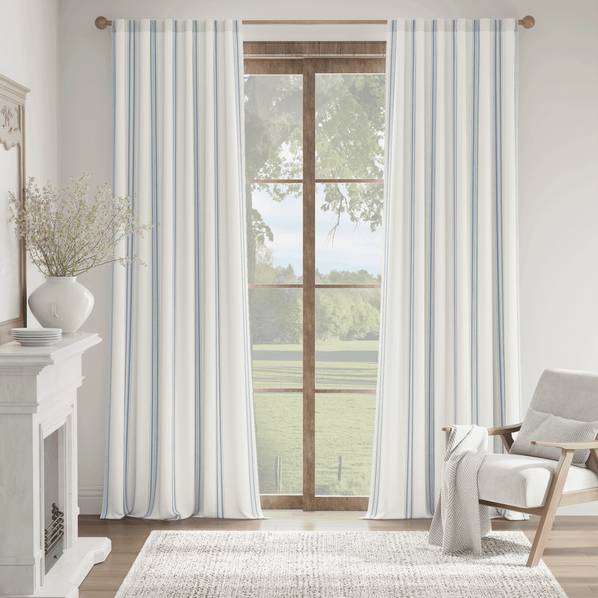 NICETOWN Blue Striped Curtains for Living Room, Linen Curtains Light Filtering Back Tab Farmhouse Rustic Drapes for Bedroom, 52"x84", 2 Panels