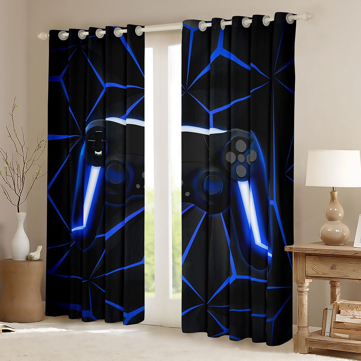 Gaming 30%-50% Blackout Curtains Video Game Gamer Console Curtains Black And Blue Gaming Curtains & Drapes, Gamer Gamepad Controller Window Curtains 38Wx45L