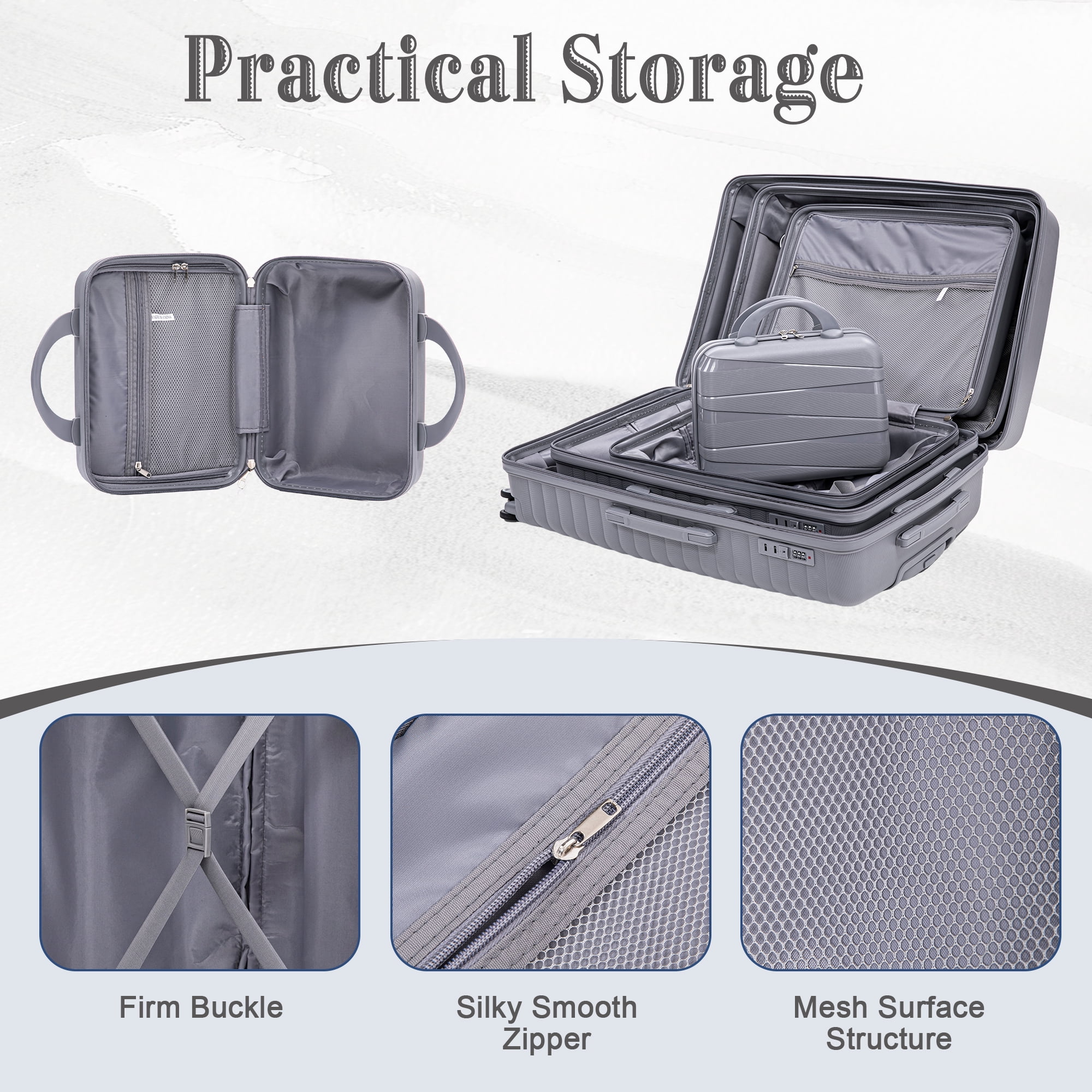 Alvantor 4 Pcs Hardside Luggage Set with Spinner Wheel, Lightweight Suitcase Set Light Gray