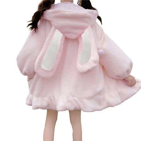 

Ladies Rabbit Ear Long Sleeve Plush Hoodie Cute Top Pajama Jacket pink L