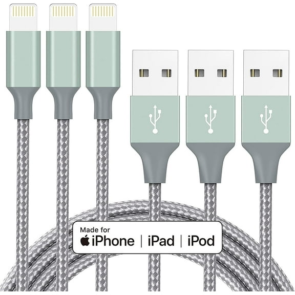 Quntis 6FT Charger Cord 3 Pack, Nylon Braided Fast Charging Cables Compatible for Phone 14/13/12/11/X & iPad, Tangle-Free, Gray