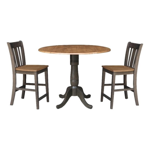 42 in Round Drop Leaf Counter Height Table with 2 Stools in Hickory/Washed Coal