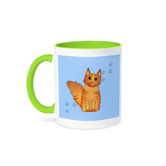 3dRose, Cute Maine Coon Cartoon Cat - Red Tabby - Blue with Pawprint, 11oz Two-Tone Green Mug