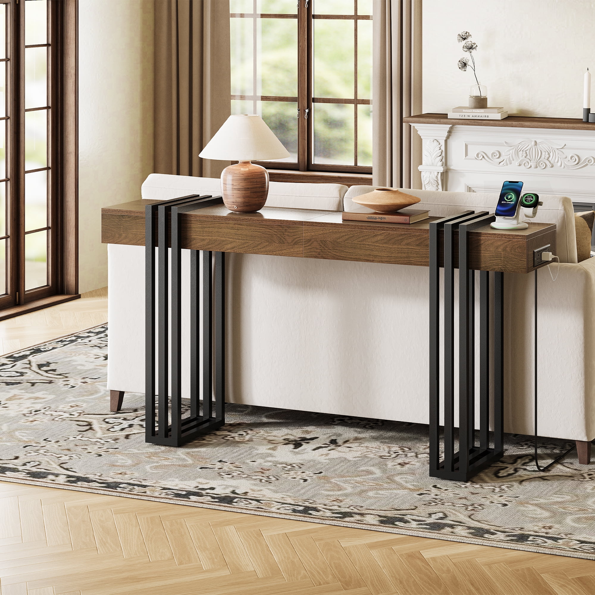63" Long Console Table, Wood Entryway Table with Black Parallel Metal Frame & Outlet, Sofa Table Behind Couch for Hallway Living Room Foyer, Walnut