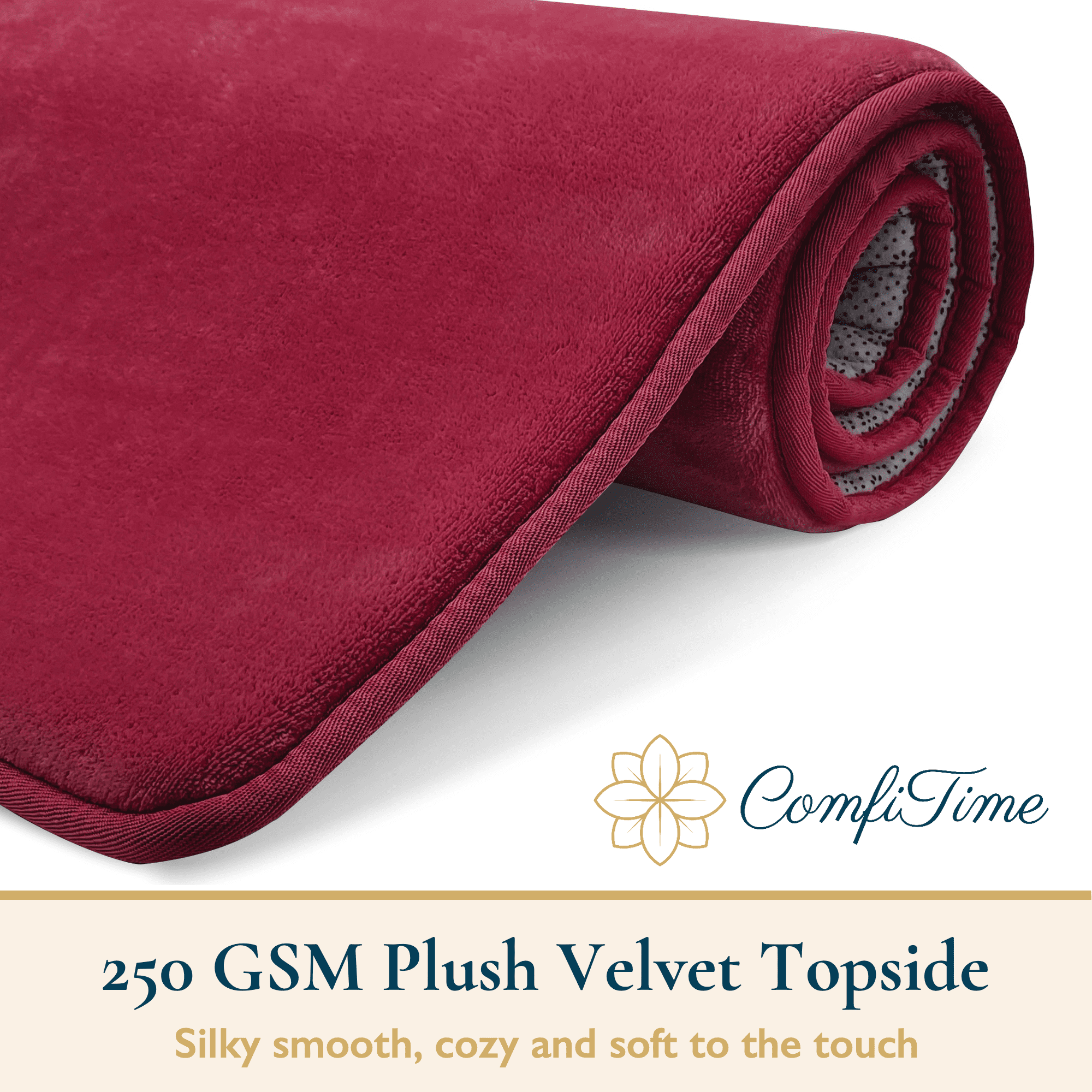 ComfiTime 2 Piece Bathroom Rugs Set – Thick Memory Foam, Non-Slip Bath Mat, Soft Plush Velvet Top, Ultra Absorbent, Small, Large & Long Rugs for Bathroom Floor, Burgundy, 20*32, 2PCS
