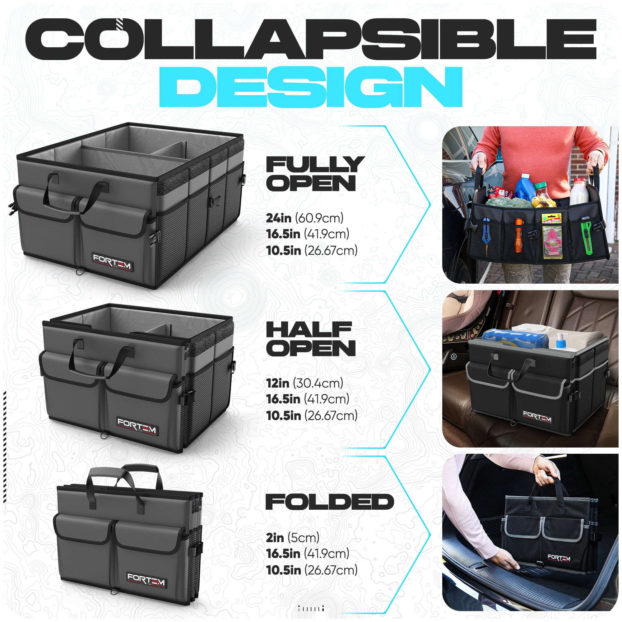 FORTEM Car Trunk Organizer, Collapsible Multi Compartment SUV Organizer, Foldable Storage for Car Accessories for Women Men, 600D Oxford, Non Slip Bottom, Securing Straps, Soft Cover (65L)