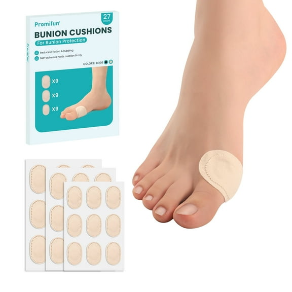 Promifun Bunion Pain Relief Pads to Wear with Shoes - 27 ct Bunion Cushion - Moleskin Protect Feet for Men and Women - Water-Resistant Self-Stick Adhesive (Multi-size)