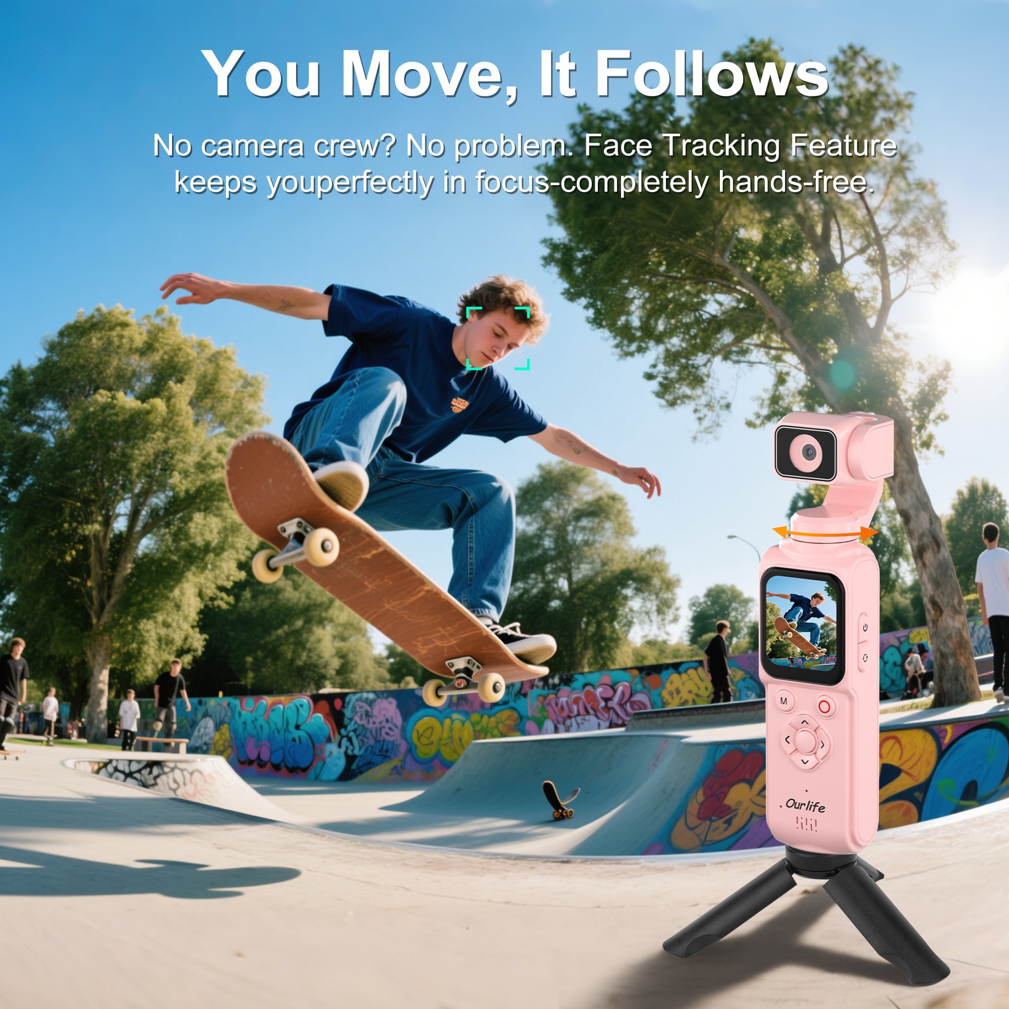 Ourlife 4K Vlogging Camera Pocket Gimbal Camera 1.72" Touch Screen AI Face Tracking 2400mAh Ultra-Long Battery Life Travel  Video Camera for YouTube TikTok Creators Pink