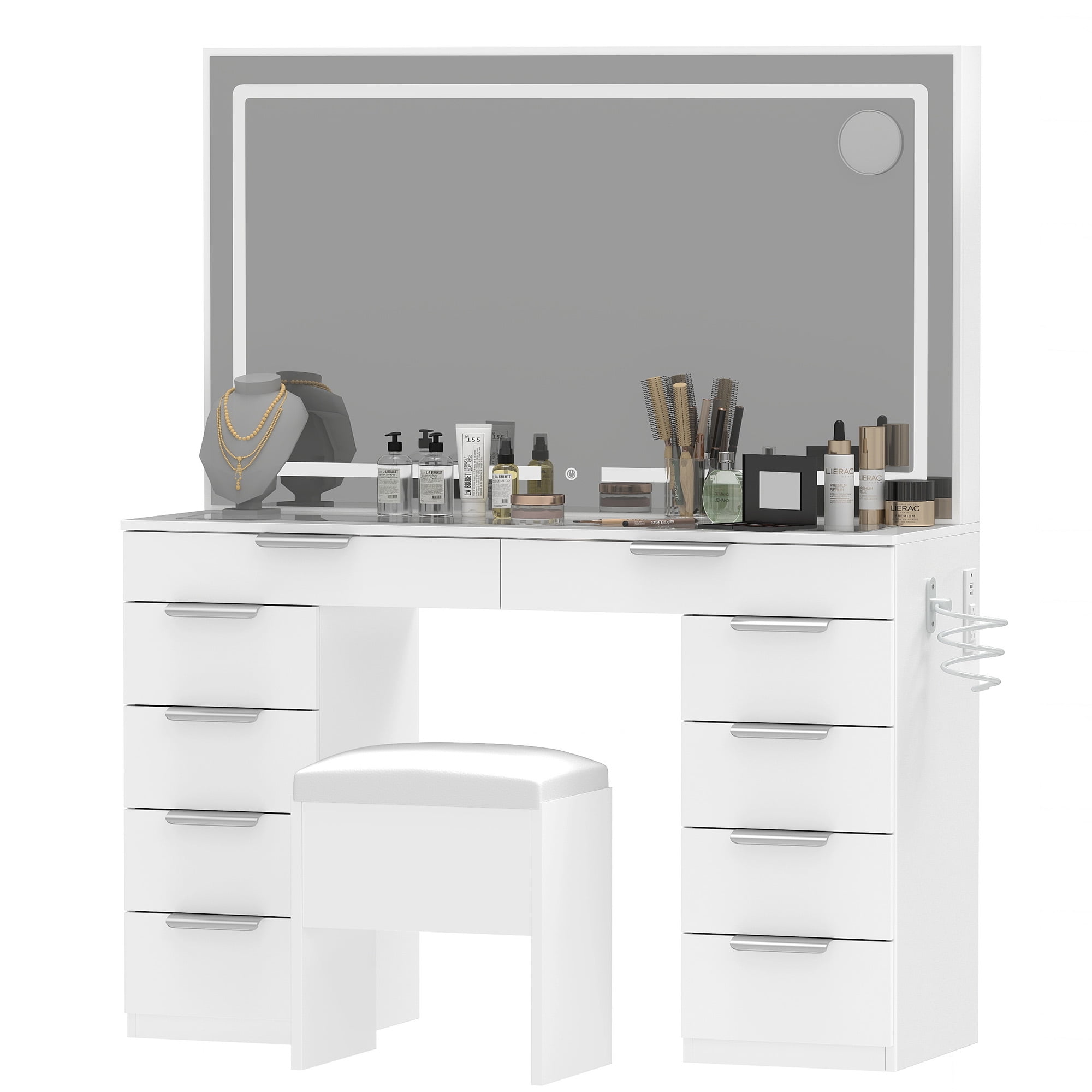 Uforic 10-Drawer Set Makeup Vanity Dressers with Light and Extra-Large Mirror, Glass Top with 3 Color Modes, Storage Bench, White