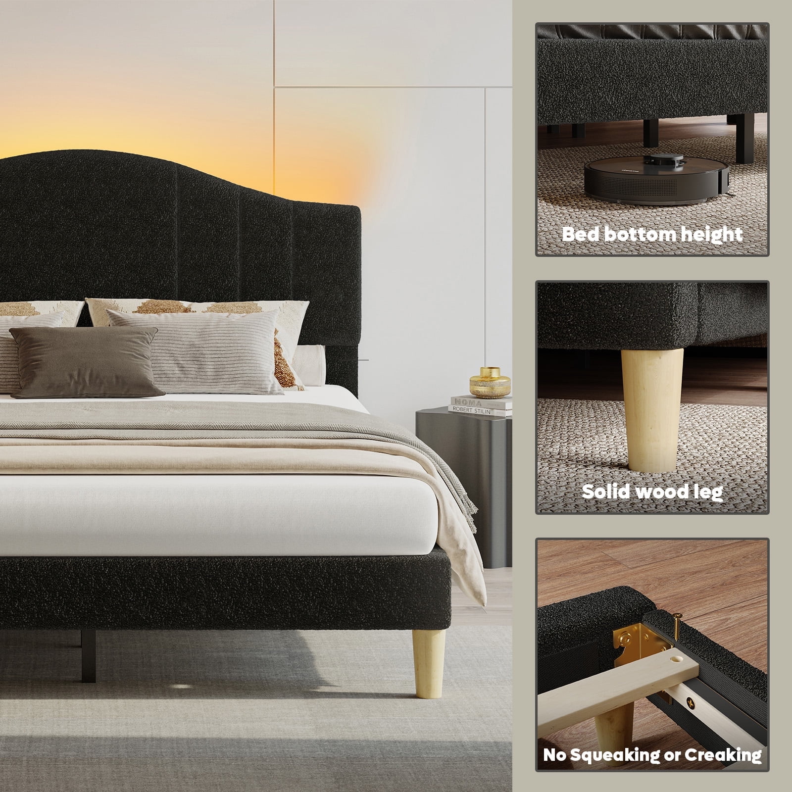 Pinmoco Full Upholstered Bed Frame with Adjustable Arc-shaped Headboard, LED Platform Bed, Teddy Velvet Black